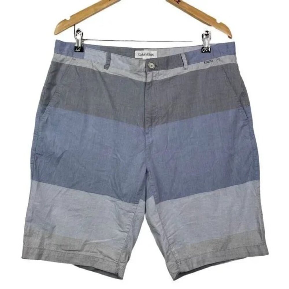 CALVIN KLEIN MEN'S BLUE‎ & GRAY FLAT FRONT STRIPED SHORTS 38-EUC